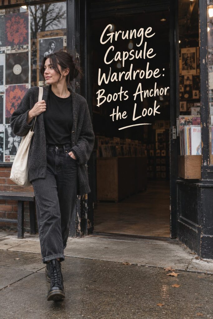 Grunge capsule wardrobe look with dark jeans, a charcoal cardigan, and lace-up boots