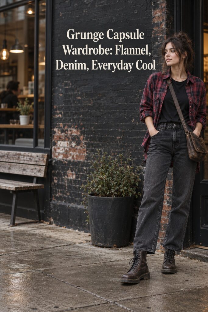 Grunge capsule wardrobe outfit with a red flannel, dark denim, and lace-up boots