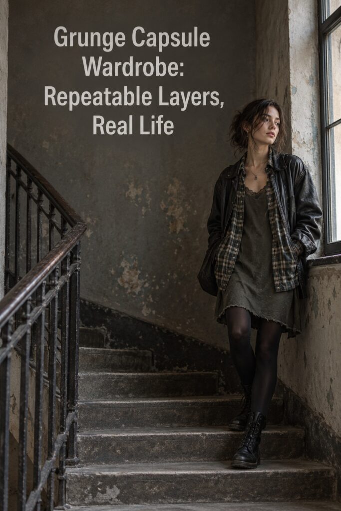 Grunge capsule wardrobe layers with an oversized jacket, plaid shirt, dress, tights, and boots