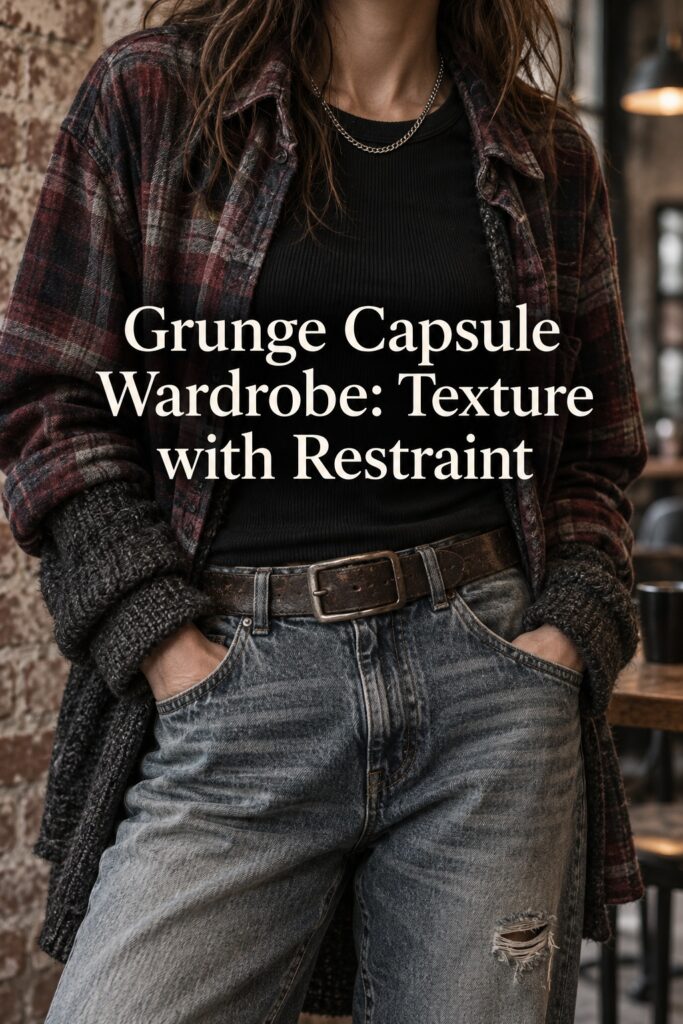 Grunge capsule wardrobe textures in flannel, knitwear, leather, and faded denim
