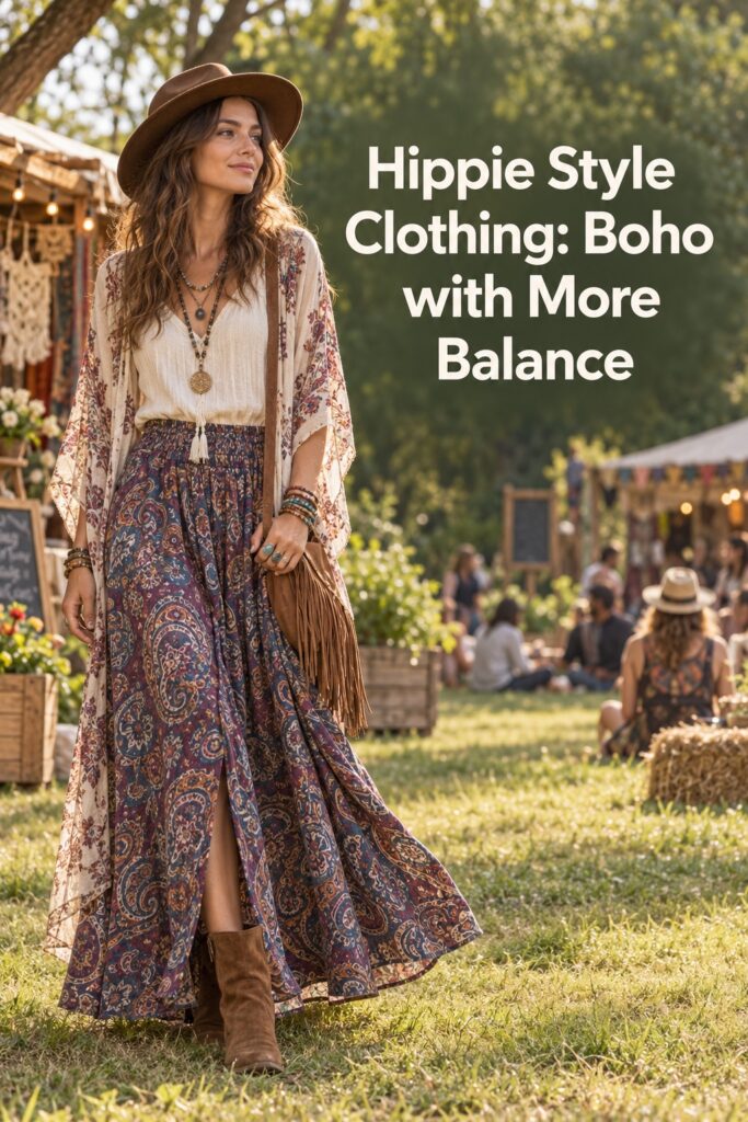 Hippie style clothing festival look with a paisley maxi skirt, cream blouse, light kimono, suede boots, and layered jewelry.