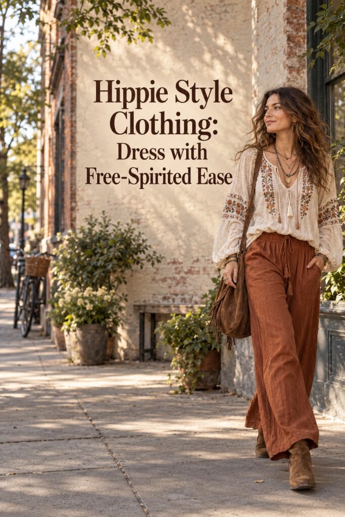 Hippie style clothing with an embroidered ivory peasant blouse, rust wide-leg trousers, suede boots, and layered necklaces.