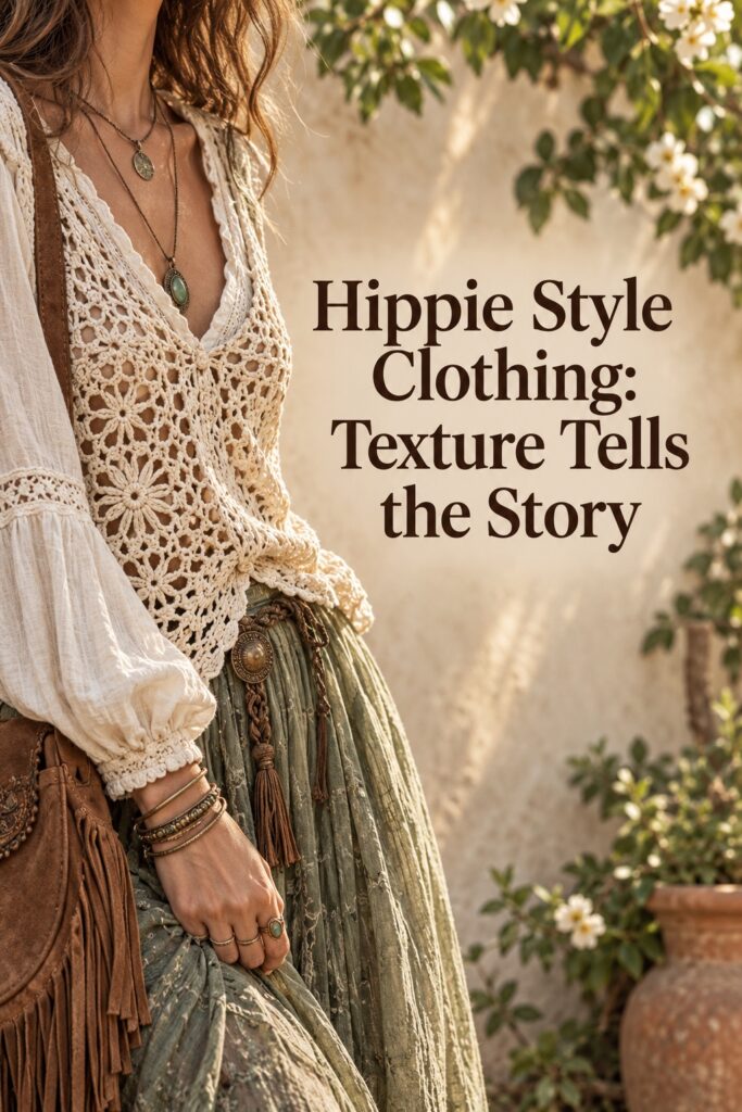 Hippie style clothing close-up showing crochet texture, natural cotton blouse, fringe bag, and layered jewelry.
