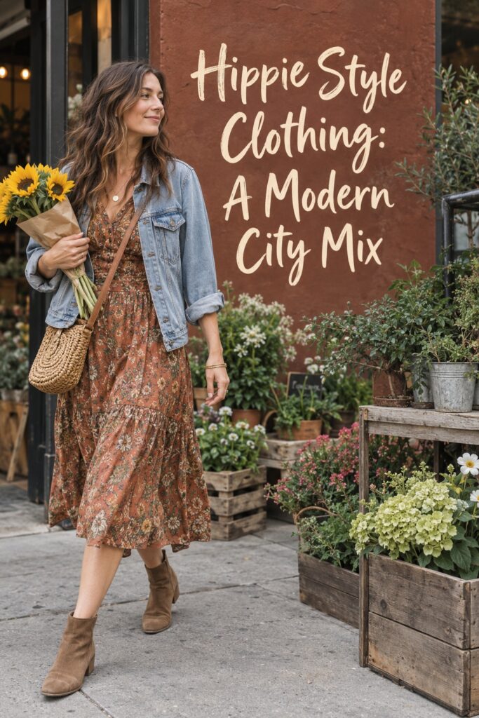 Hippie style clothing modern city look with a muted print dress, light denim jacket, suede boots, and woven crossbody bag.