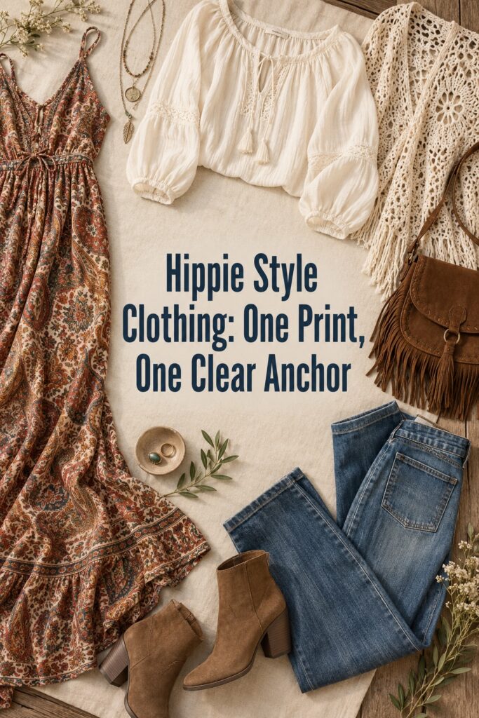 Hippie style clothing flatlay with a paisley dress, peasant blouse, flared denim, crochet layer, fringe bag, and suede boots.