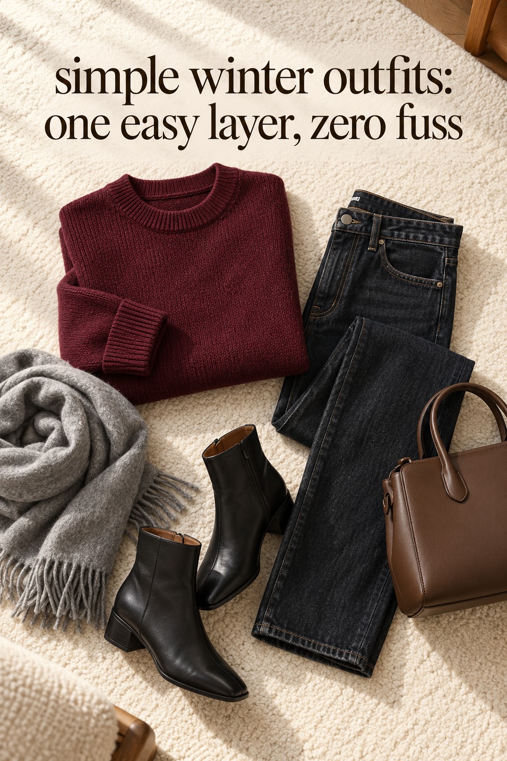simple winter outfits flatlay with a burgundy knit, dark jeans, gray scarf, and boots