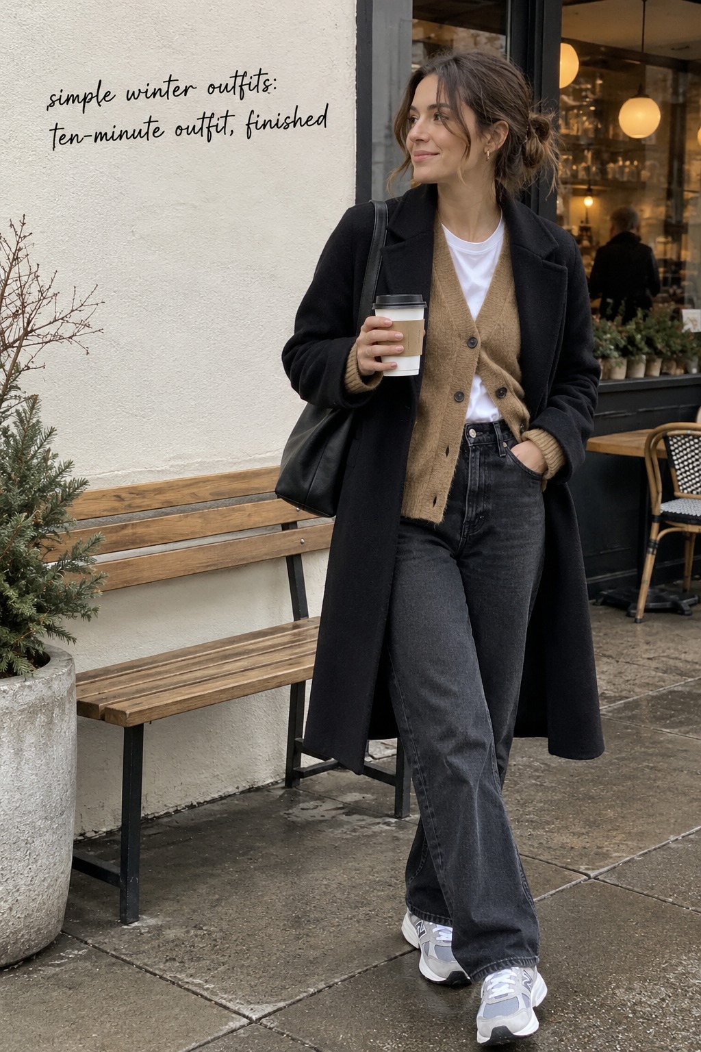 simple winter outfits with a camel cardigan, dark jeans, black coat, and sneakers