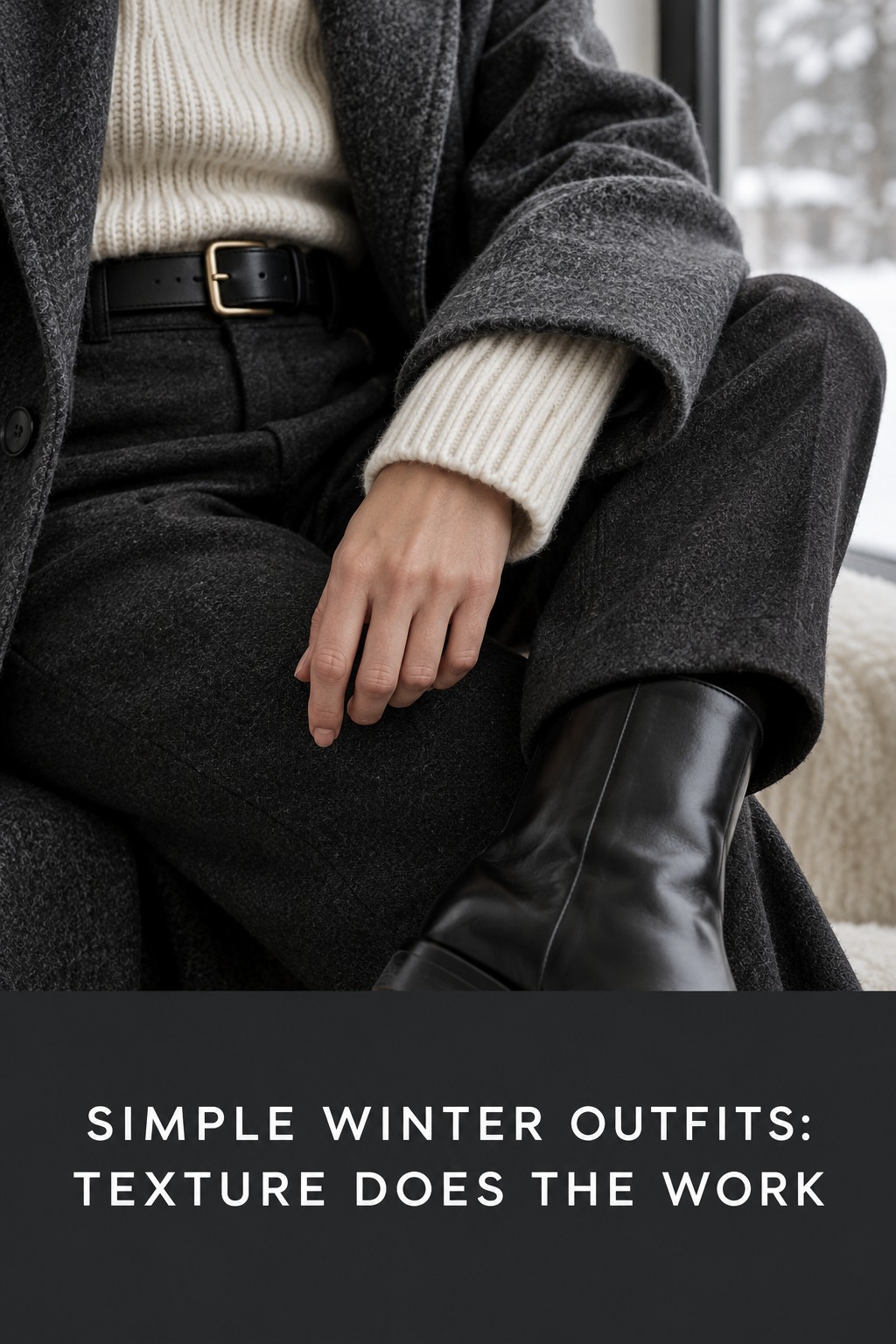 simple winter outfits detail of a cream knit cuff, charcoal coat, belt, and black boot