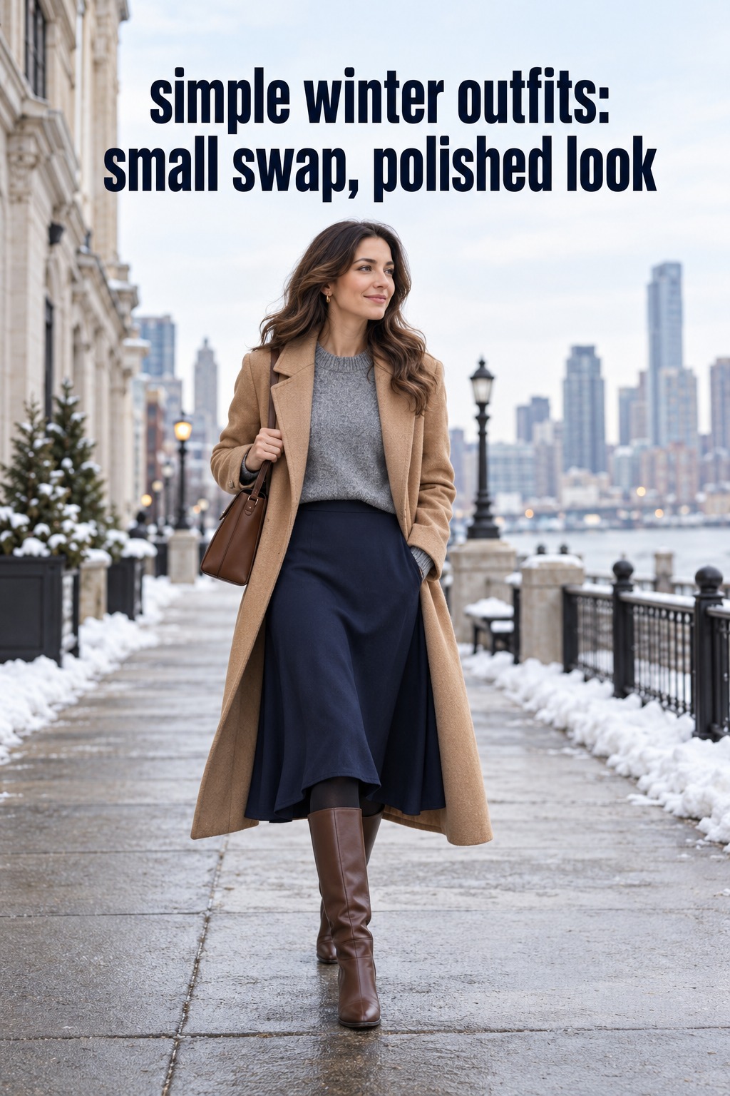 simple winter outfits with a gray sweater, navy midi skirt, camel coat, and tall boots