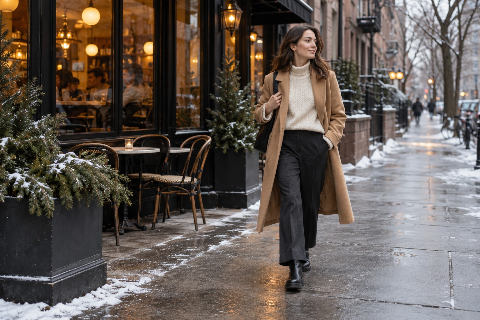 simple winter outfits with a cream sweater, camel coat, dark trousers, and boots
