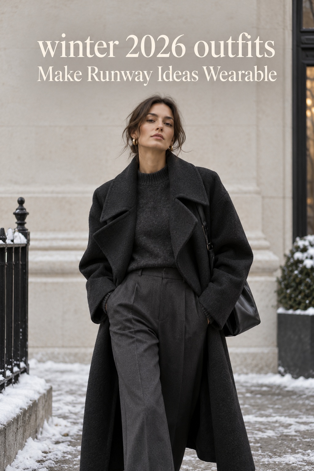 winter 2026 outfits with a sculptural charcoal coat and simple knit