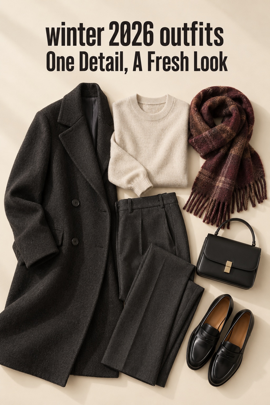 winter 2026 outfits flatlay with a coat, knit, trousers, scarf, bag, and loafers