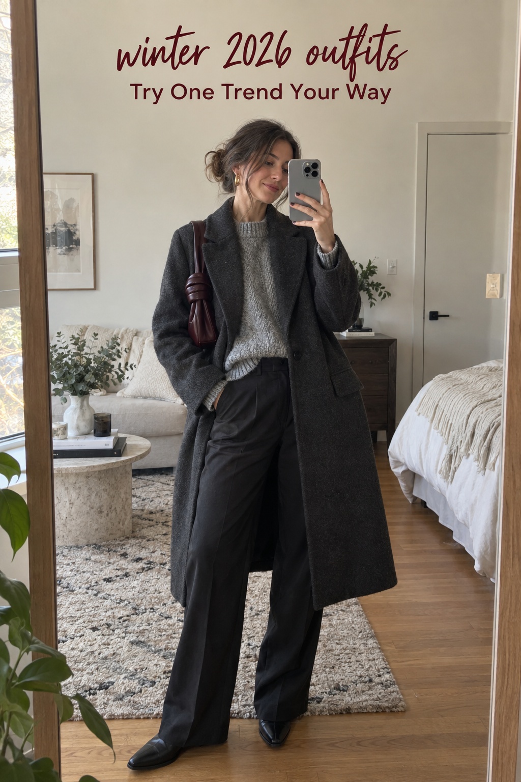 winter 2026 outfits in a candid mirror photo with a charcoal coat and knit