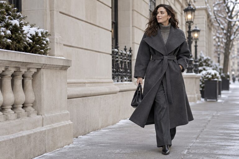Woman in a sculptural charcoal coat on a winter city street