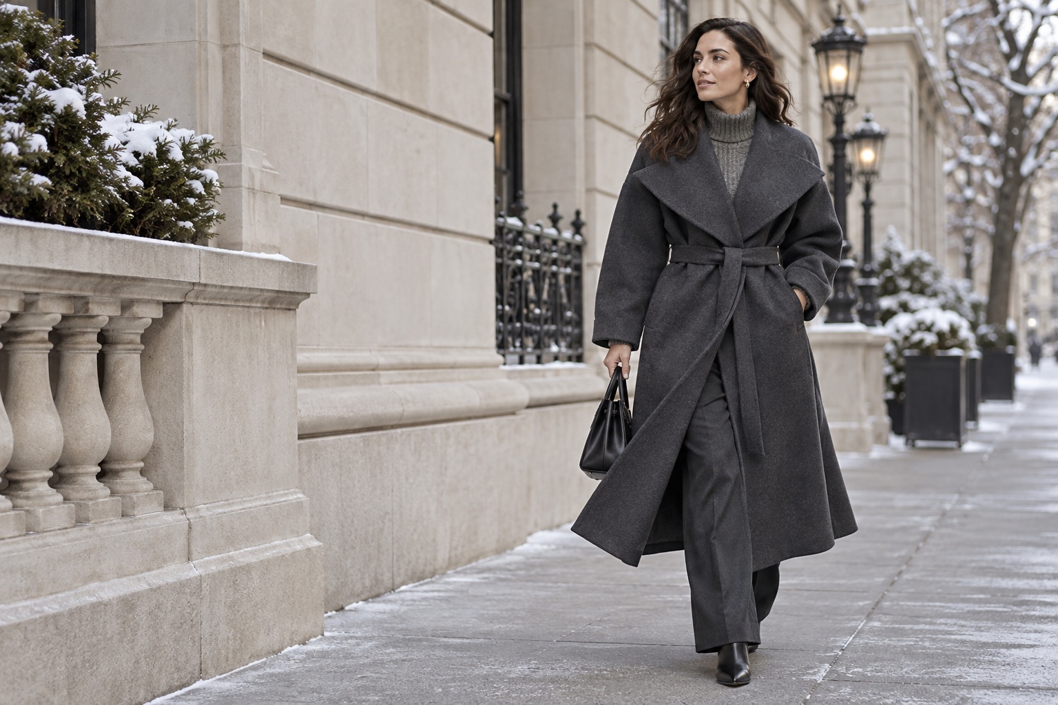 Woman in a sculptural charcoal coat on a winter city street
