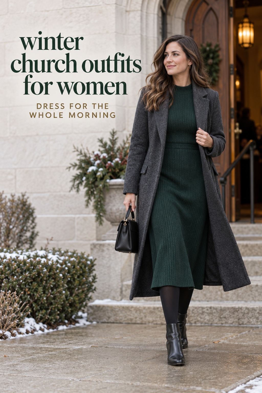 Winter church outfits for women: green knit dress and coat at arrival