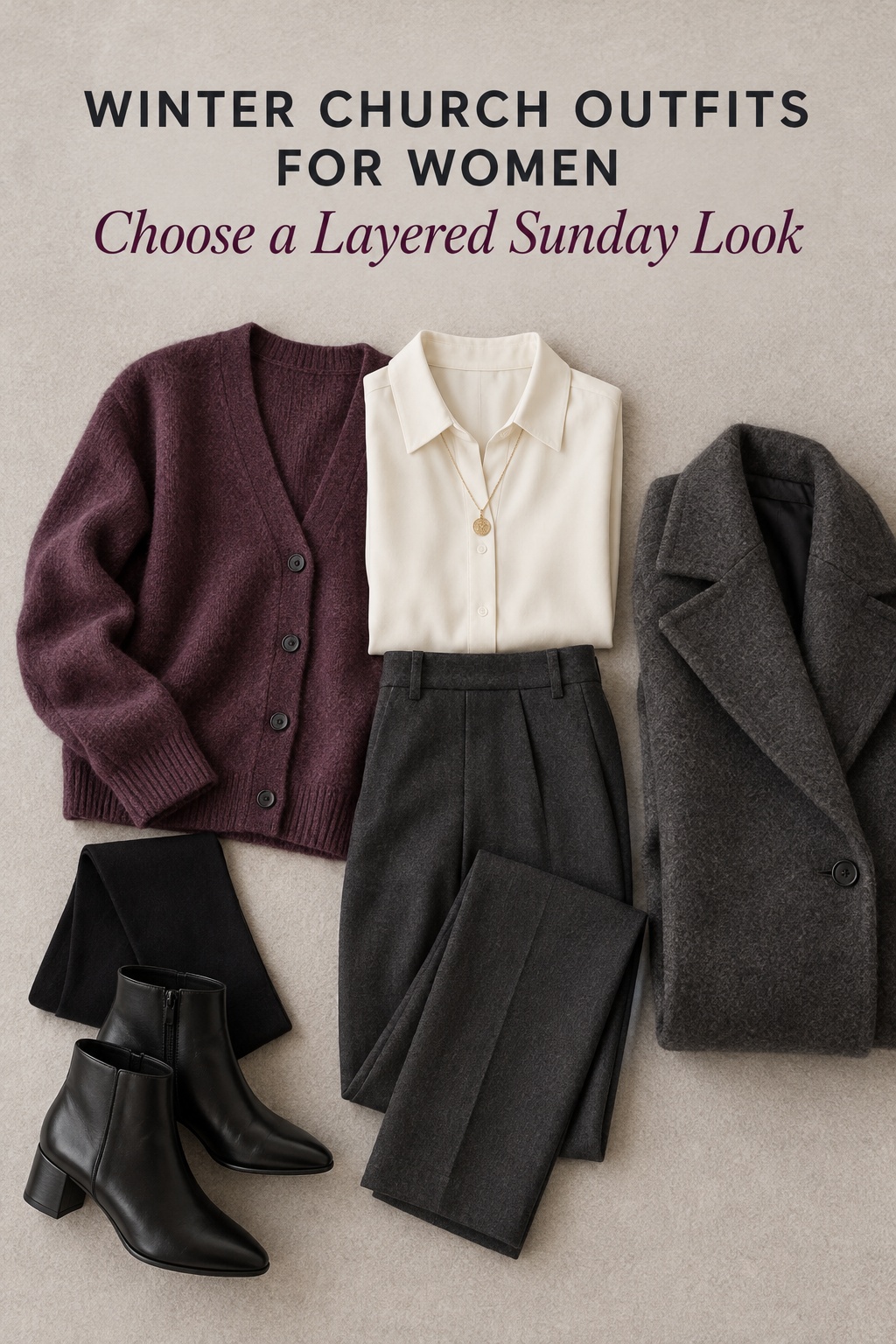 Winter church outfits for women flatlay with plum cardigan and tailored trousers