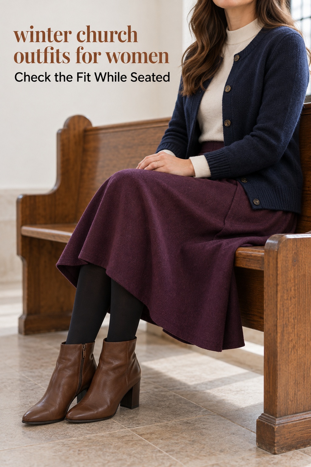 Winter church outfits for women: plum midi skirt shown while seated