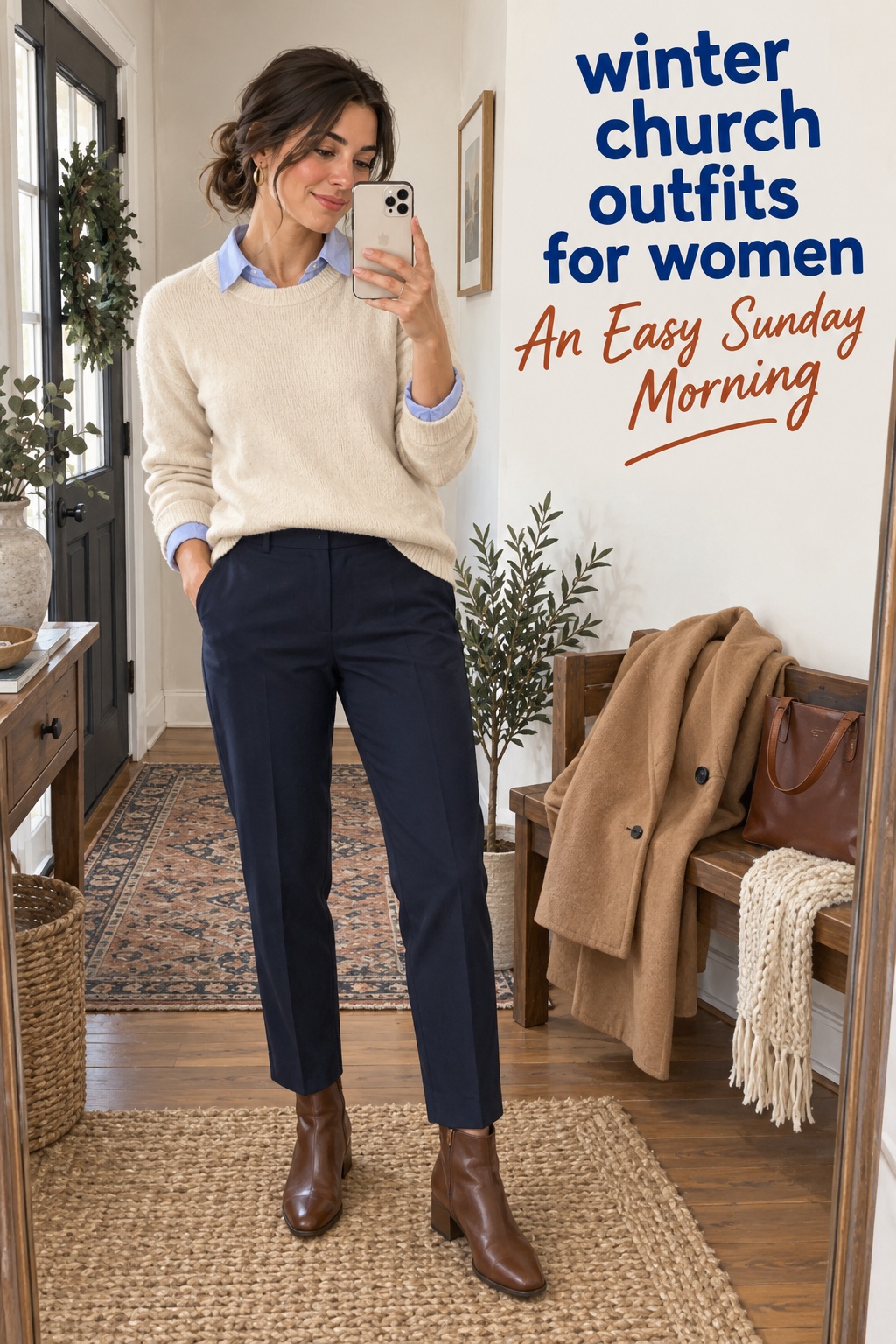 Winter church outfits for women: illustrative candid mirror look with cream sweater