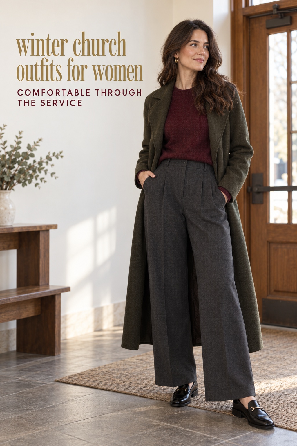 Winter church outfits for women: tailored trousers with burgundy knit and coat