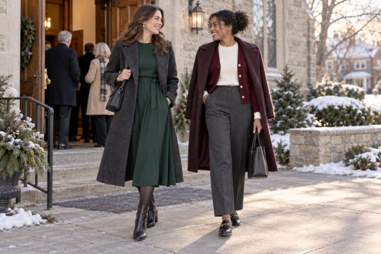Two winter church outfits for women in a dress and tailored trousers