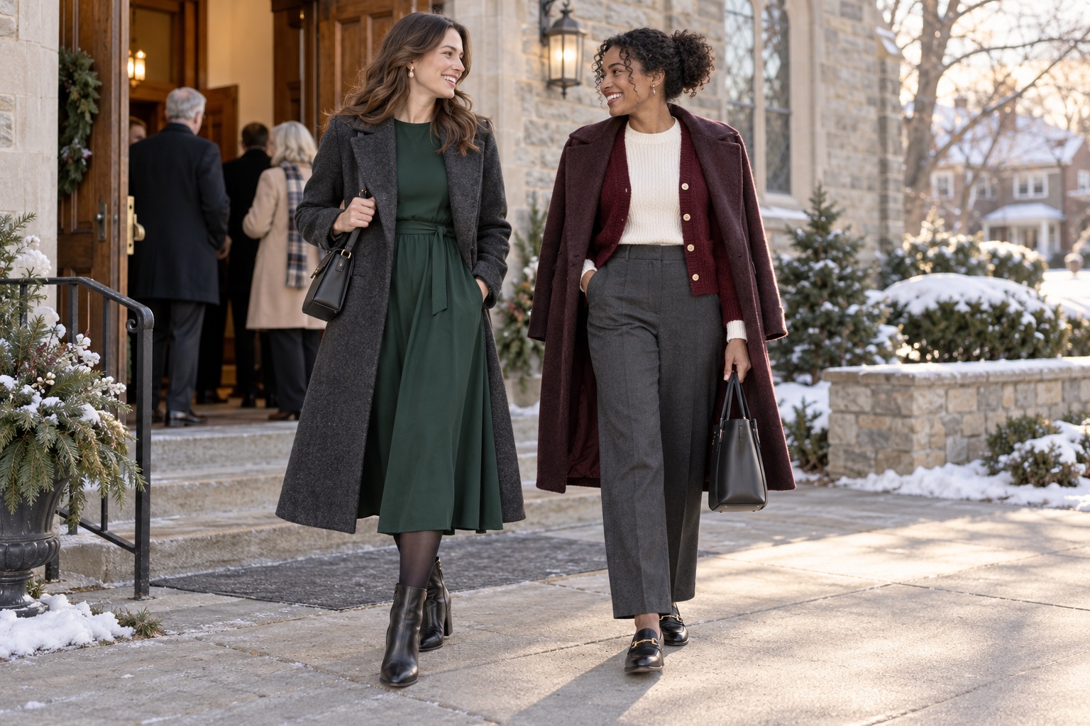 Two winter church outfits for women in a dress and tailored trousers