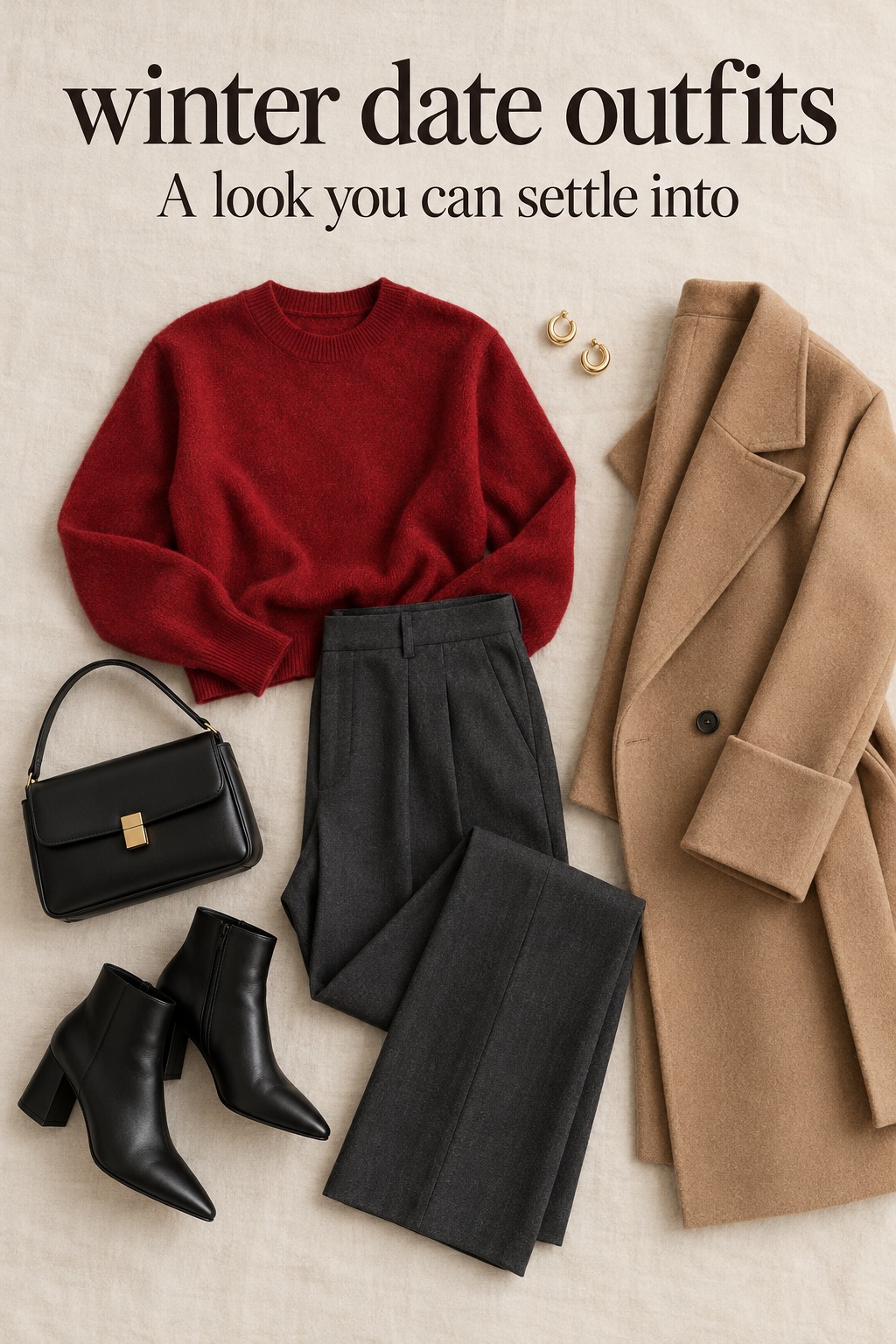 winter date outfits flatlay with a cherry knit, charcoal trousers, camel coat, and boots