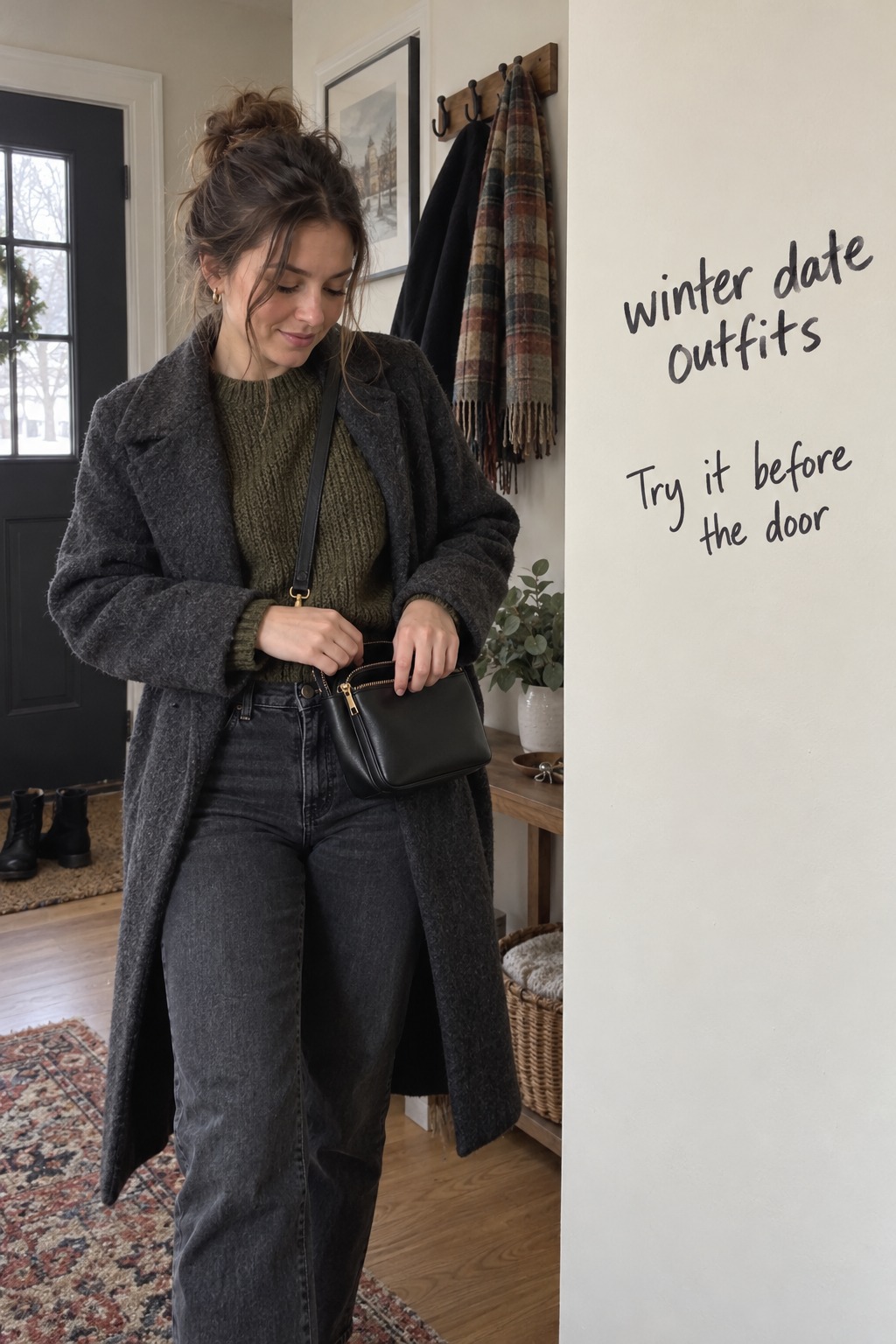 winter date outfits candid generated scene of a woman checking her crossbody bag beneath a charcoal coat