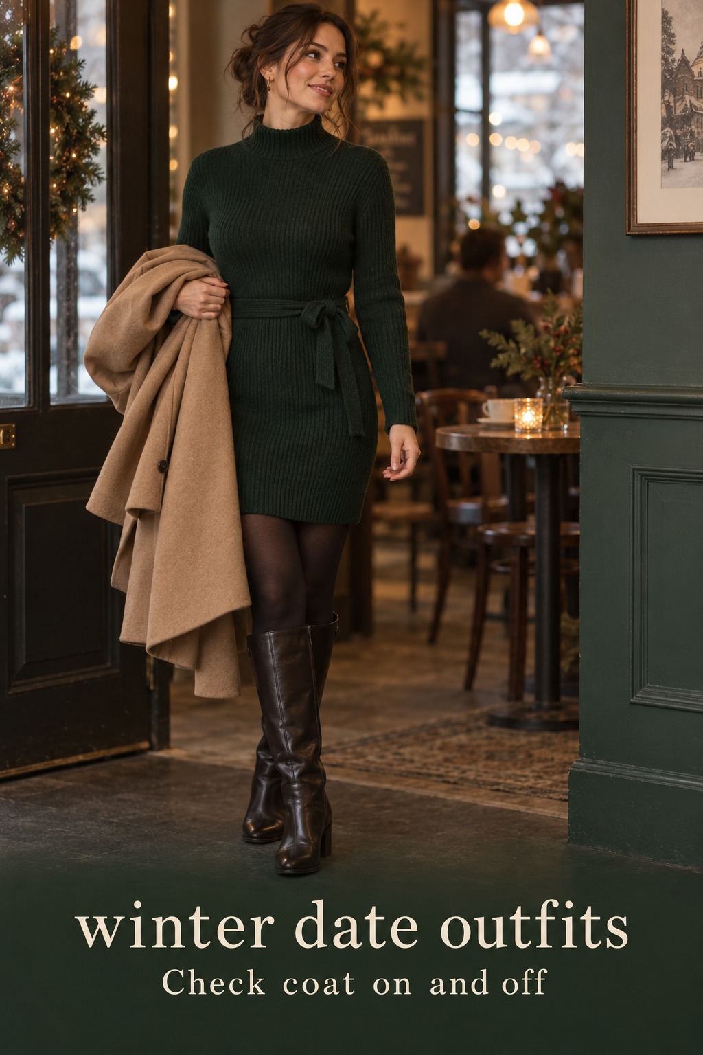 winter date outfits green knit dress and tall boots as a camel coat comes off in a cafe