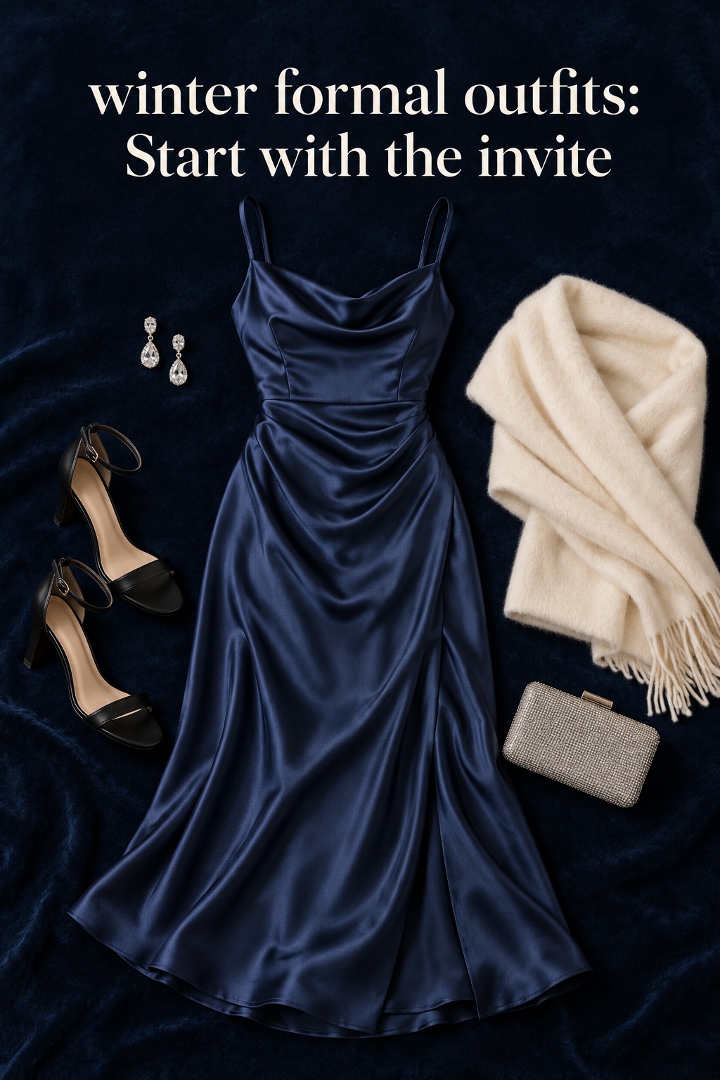 winter formal outfits flatlay with navy satin dress, ivory wrap, silver earrings, and shoes