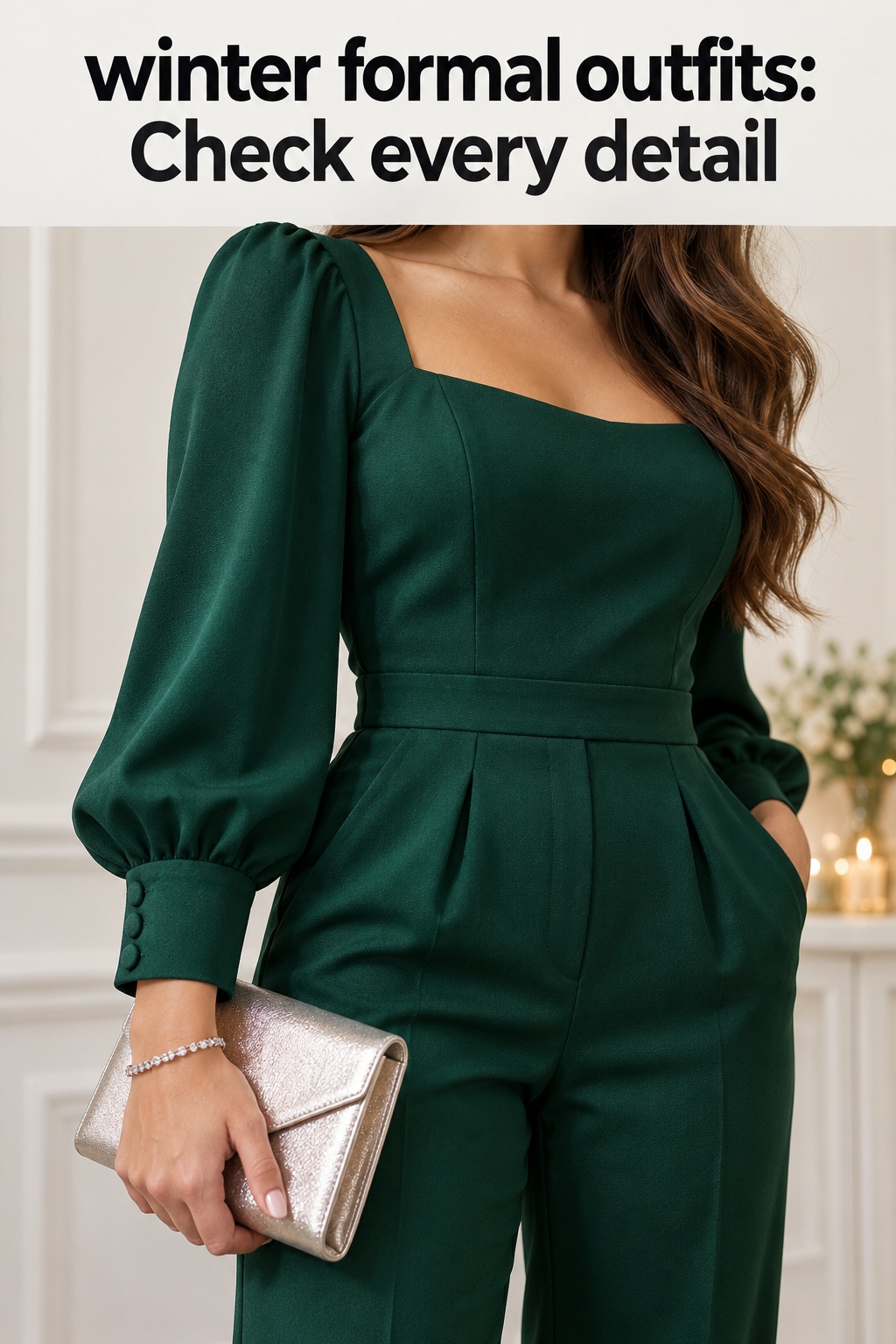 winter formal outfits detail of an emerald formal look, cuff, bracelet, and clutch