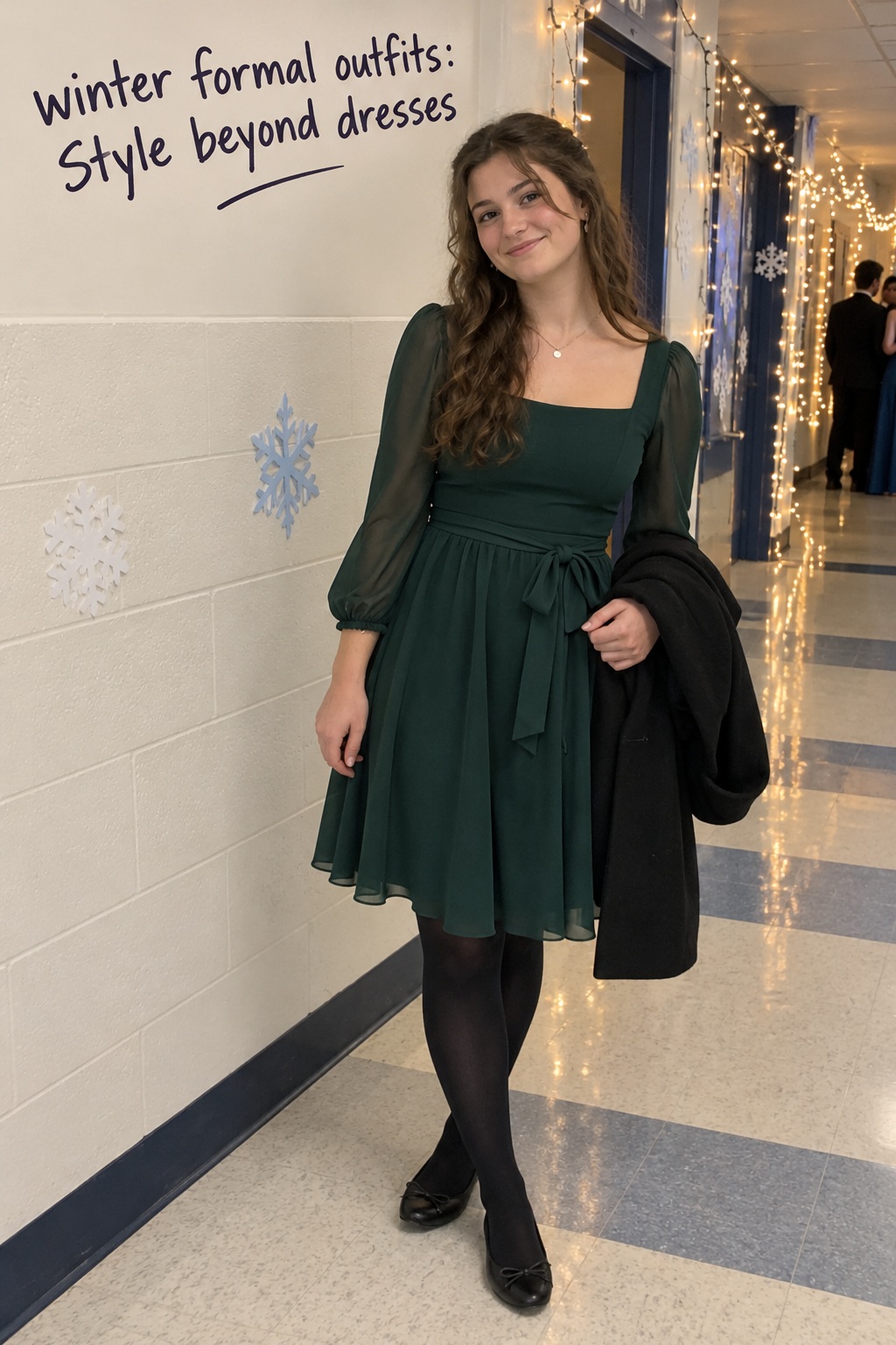 winter formal outfits candid school dance look with green dress, tights, flats, and coat