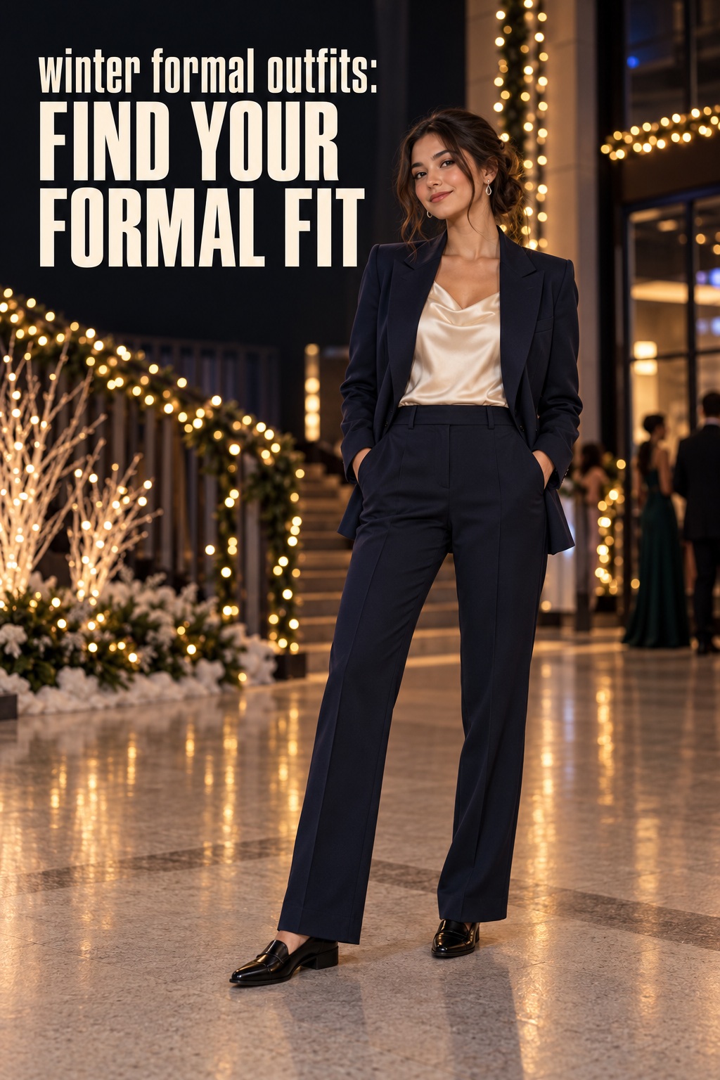 winter formal outfits with a midnight navy suit, cream blouse, and dress shoes