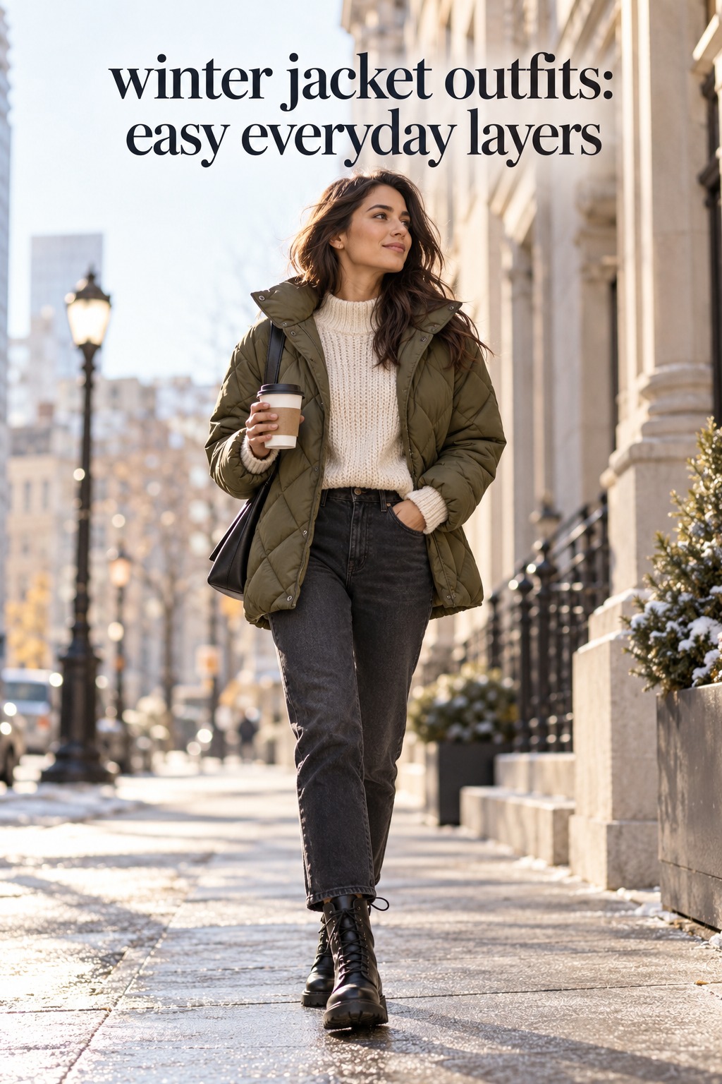 winter jacket outfits with an olive quilted jacket, cream knit, jeans, and boots