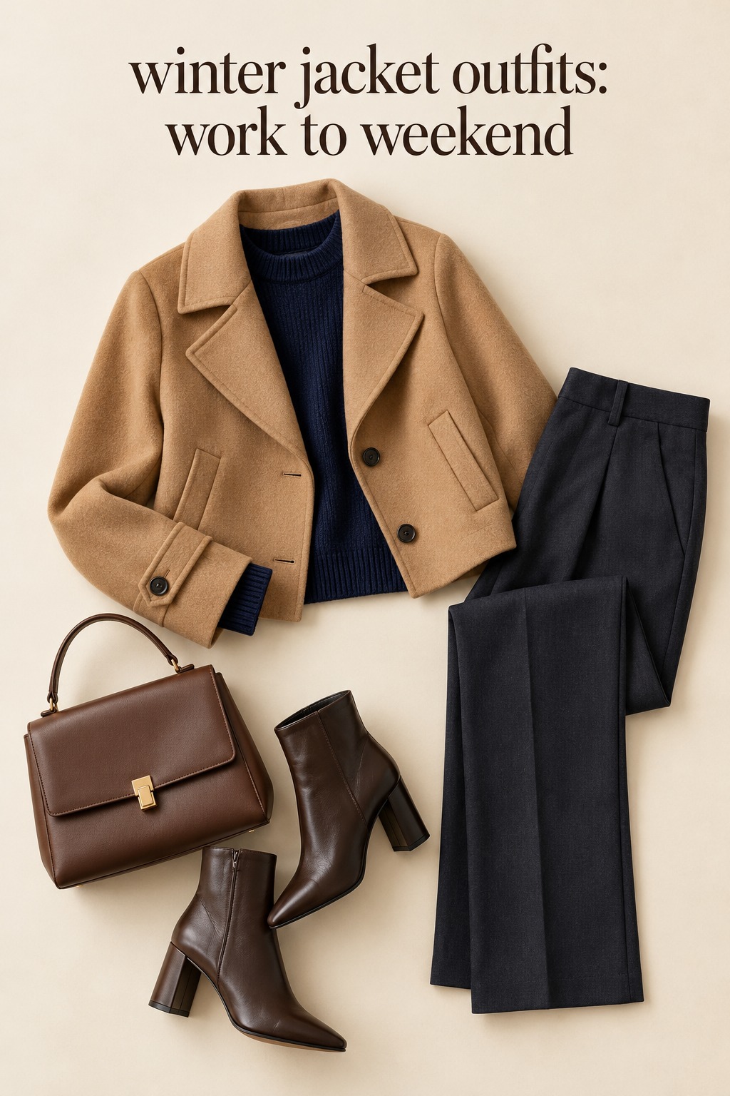 winter jacket outfits flatlay with a camel wool jacket, navy knit, trousers, and boots