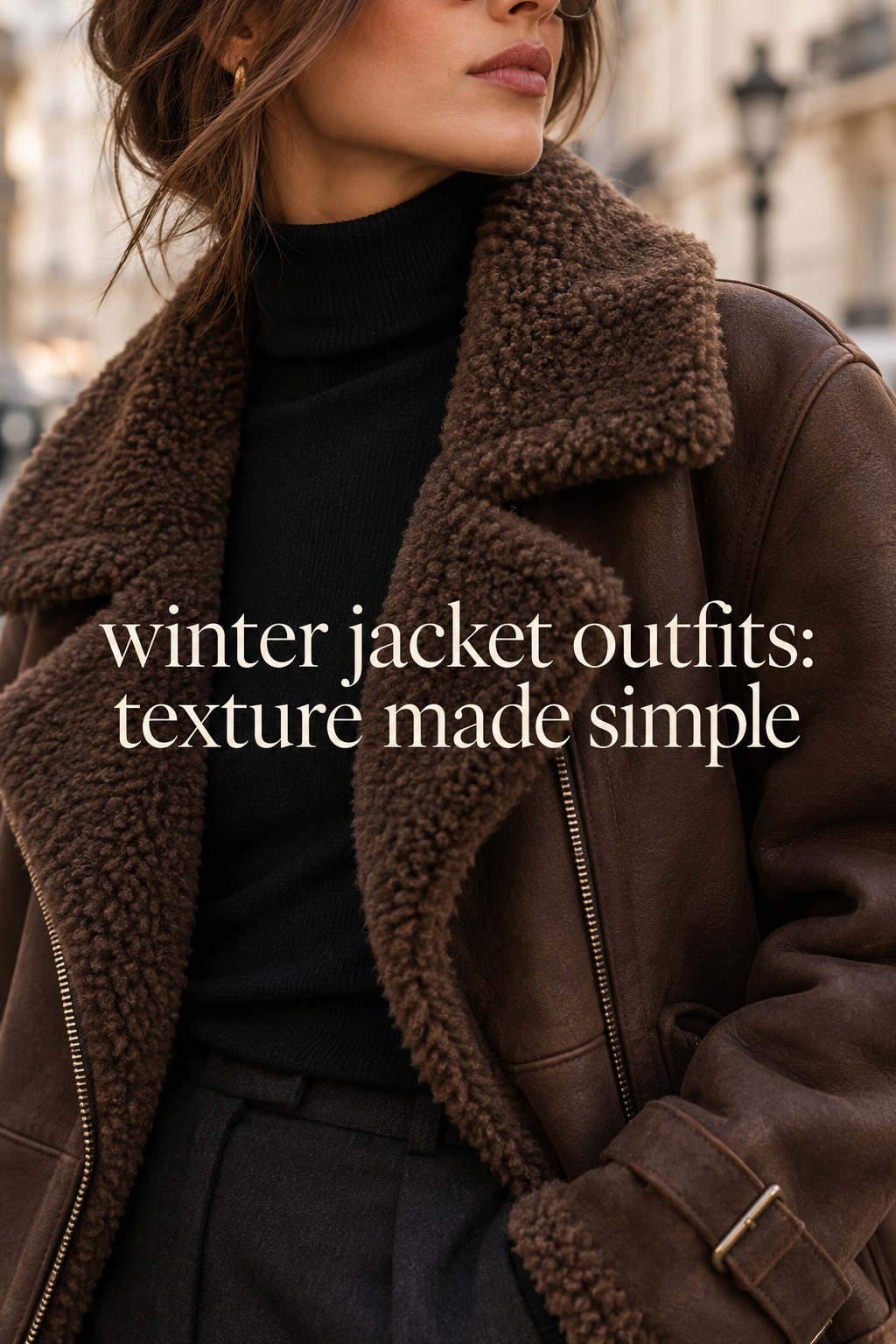 winter jacket outfits close-up of a brown shearling collar over a black knit