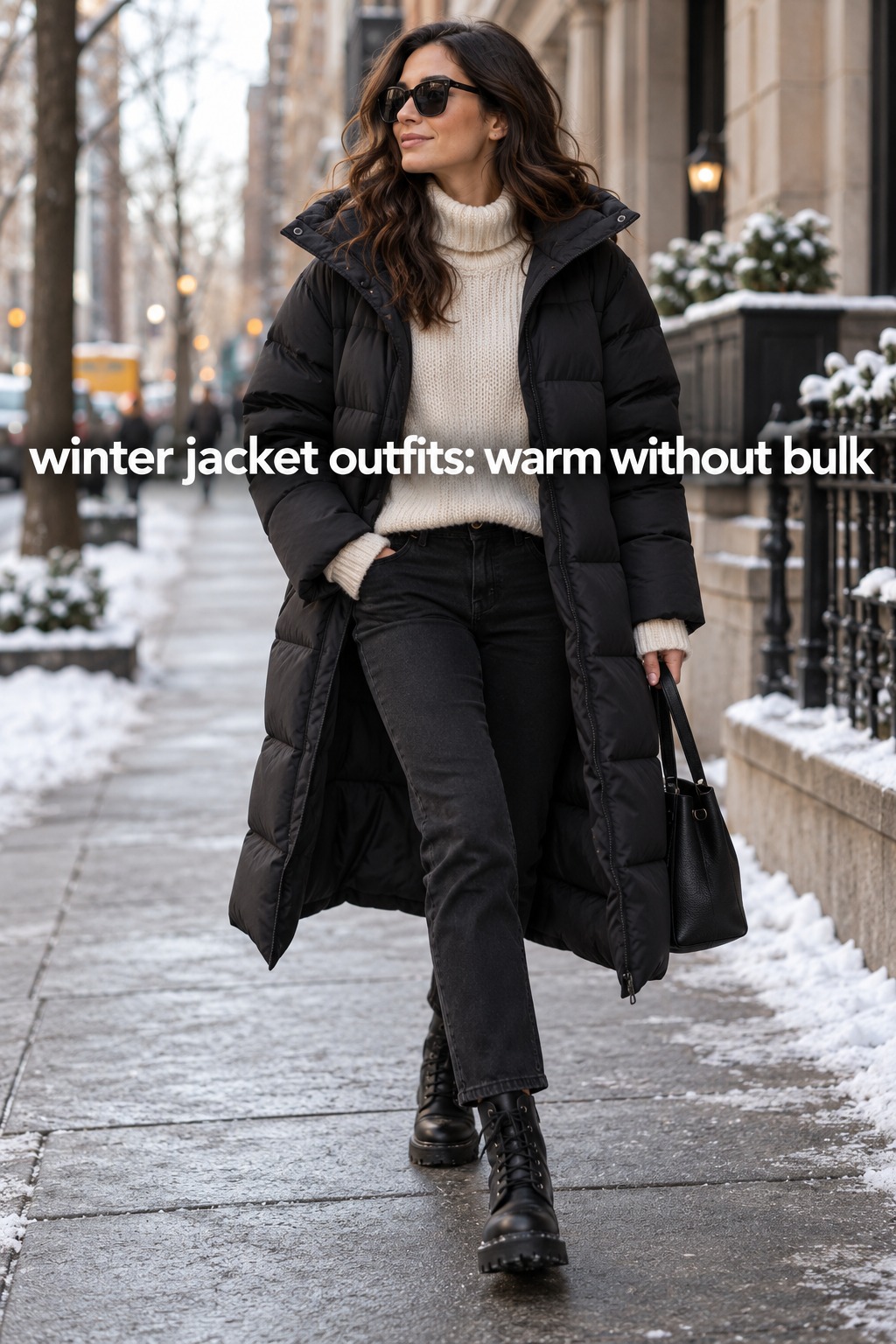 winter jacket outfits with a long black puffer, cream sweater, dark jeans, and boots