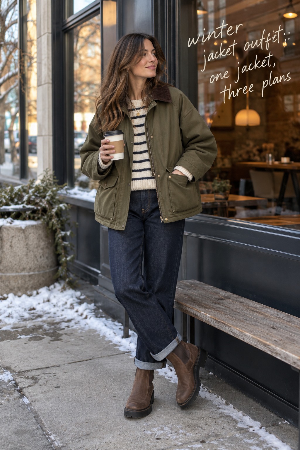 winter jacket outfits with an olive barn jacket, striped knit, dark denim, and boots