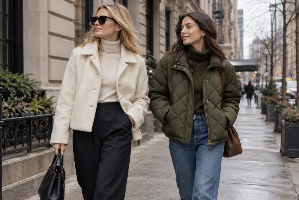 winter jacket outfits in cream wool and olive quilted jackets on a city sidewalk