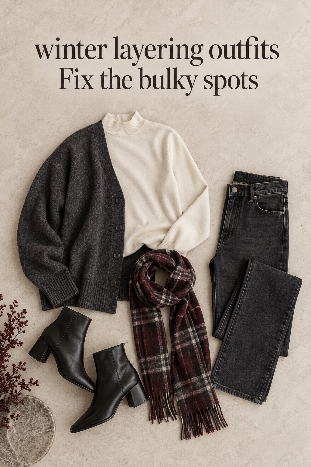 winter layering outfits flatlay with a cream mock neck, charcoal cardigan, jeans, scarf, and boots
