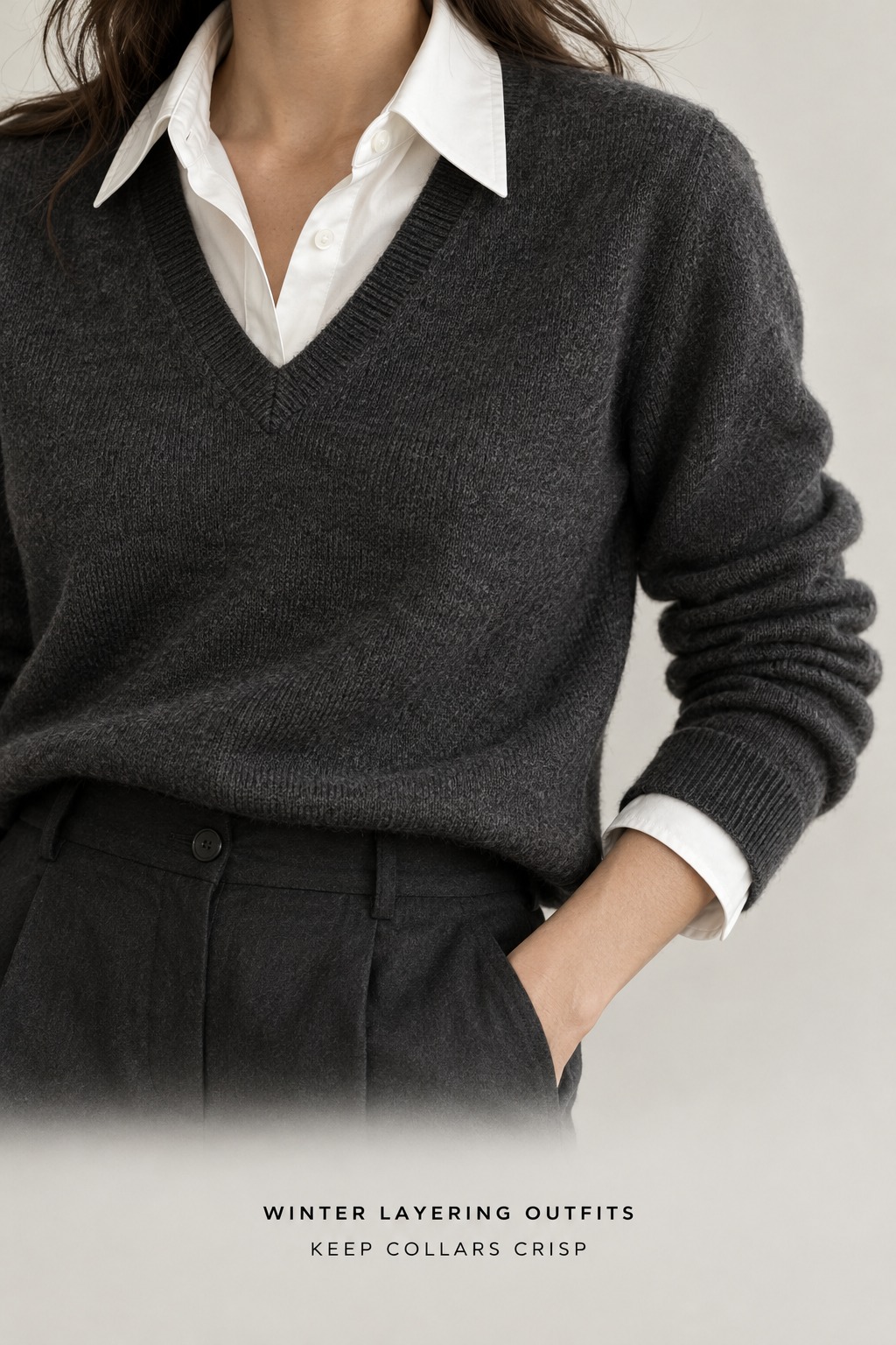 winter layering outfits close-up of a white shirt collar and cuff under a charcoal V-neck sweater