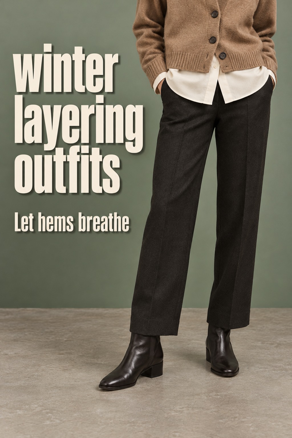 winter layering outfits cropped camel cardigan and cream shirt over tailored trousers and boots