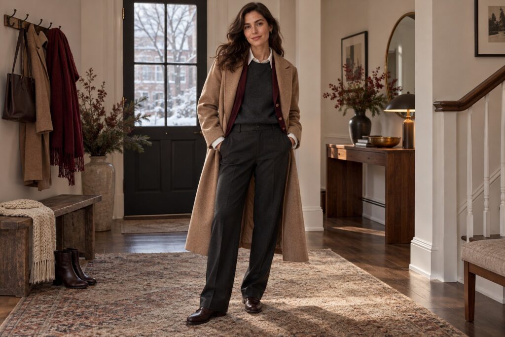 winter layering outfits with a camel coat over a charcoal knit and shirt
