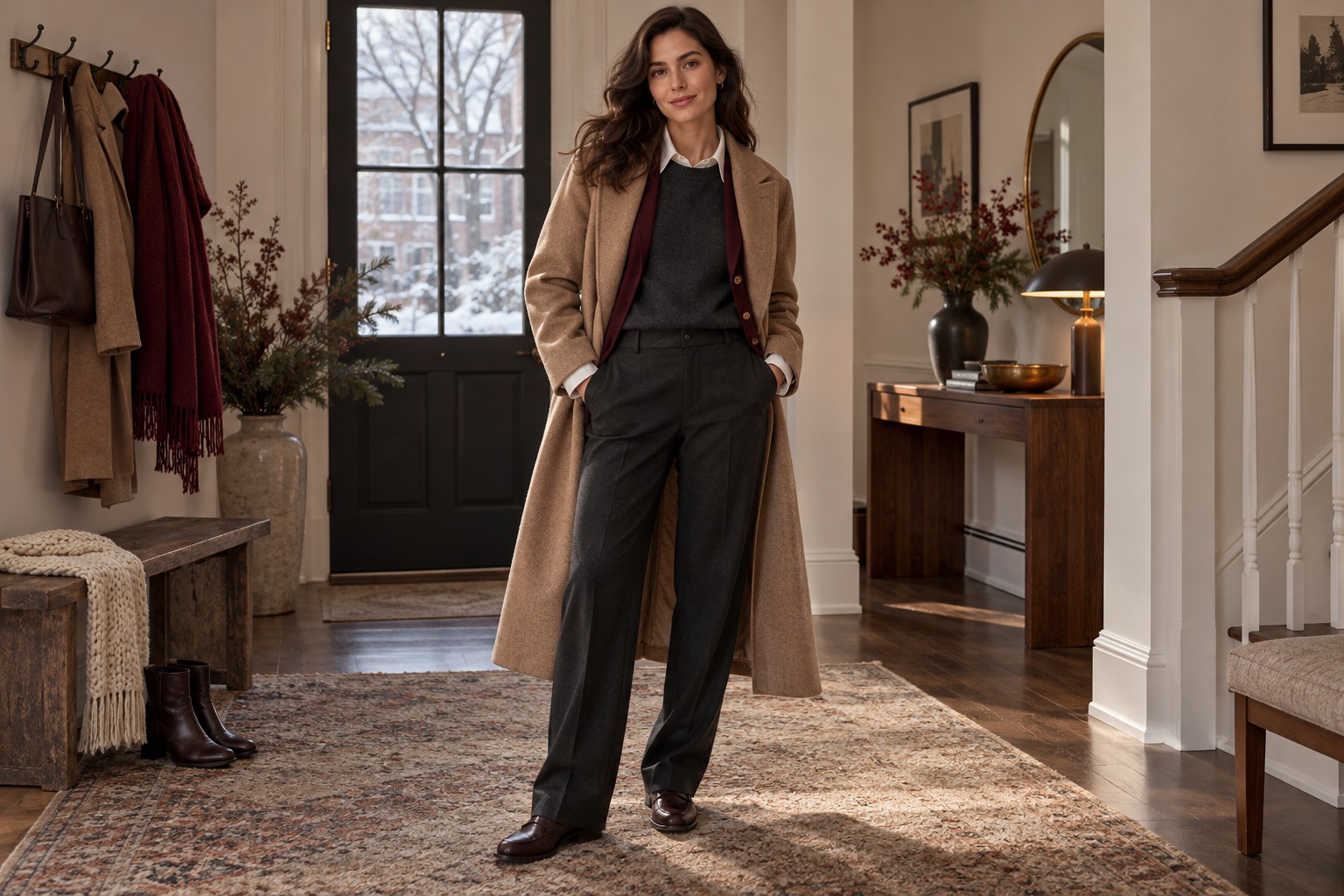 winter layering outfits with a camel coat over a charcoal knit and shirt