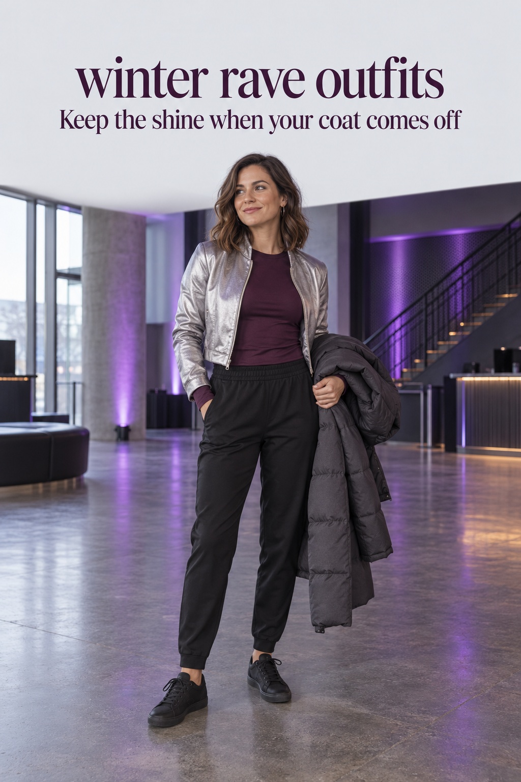 Winter rave outfits with plum long-sleeve top, black track pants, silver zip jacket, and a carried coat