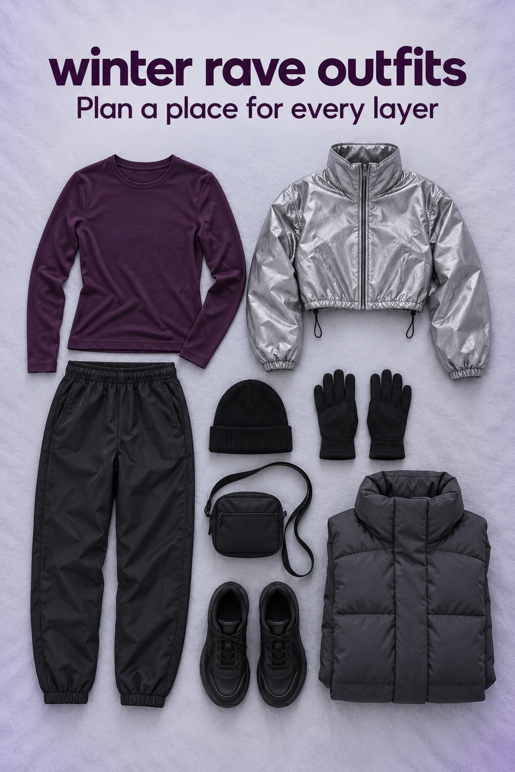 Winter rave outfits flatlay with plum top, black pants, silver jacket, padded coat, and winter accessories