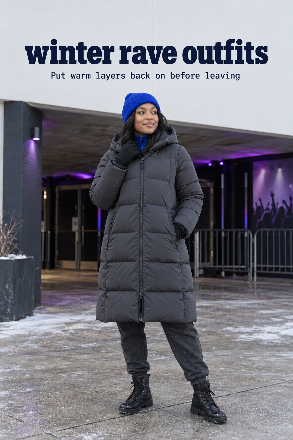 Winter rave outfits for leaving with zipped graphite coat, cobalt beanie, charcoal joggers, gloves, and boots