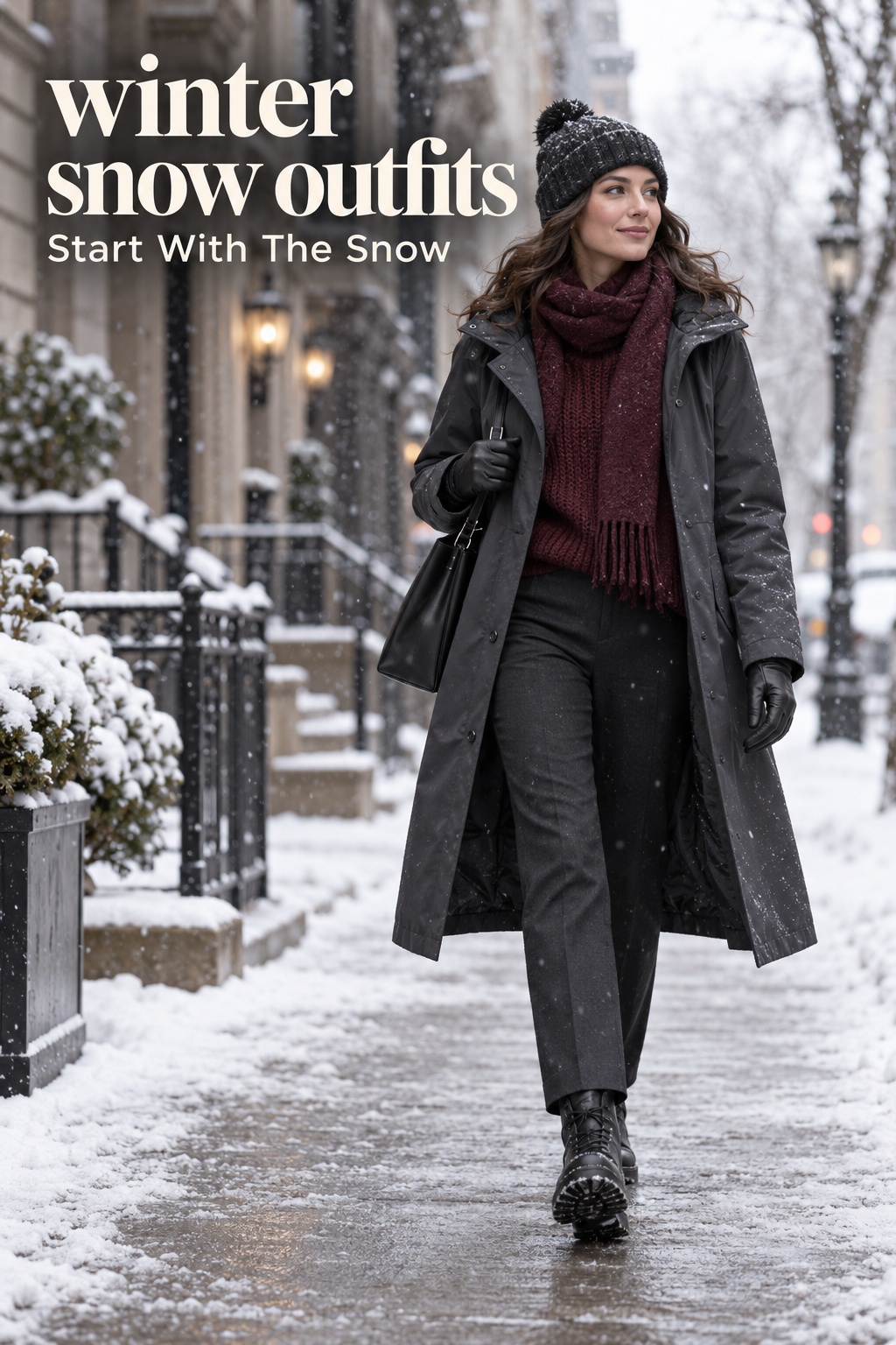 Winter snow outfits: charcoal coat and burgundy knit on a snowy city walk