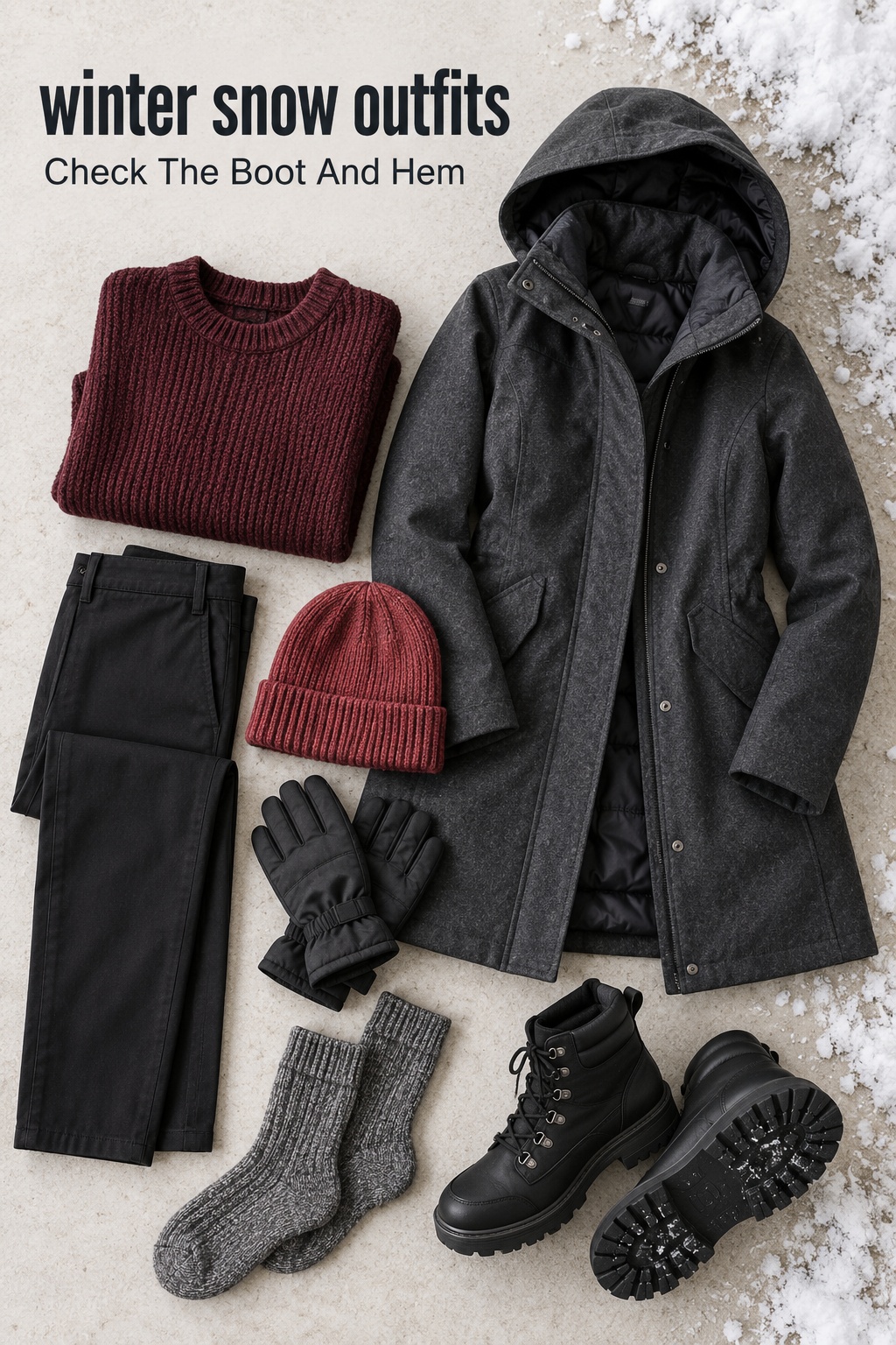 Winter snow outfits: flat lay of coat, knit, trousers, boots, gloves, and hat