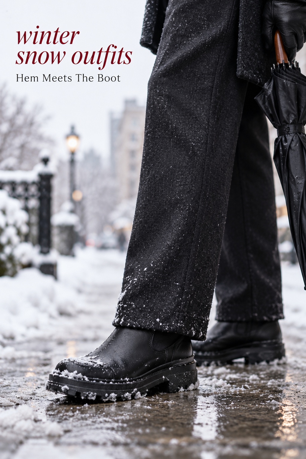 Winter snow outfits: close-up of dark trouser hem meeting a winter boot